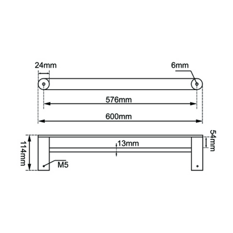 RUSHY Double Towel Rail 600mm - Black & Chrome Technical Drawing