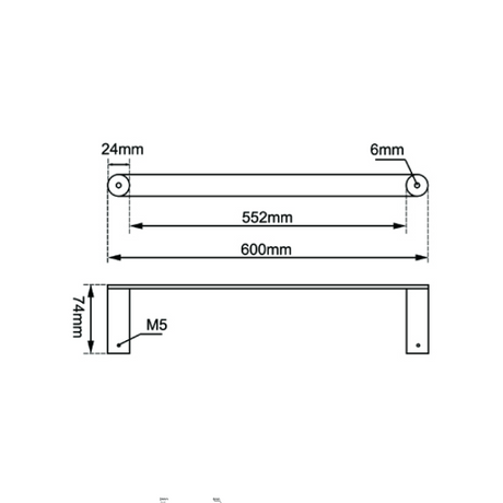 RUSHY Single Towel Rail 600mm - Brushed Brass Technical Drawing