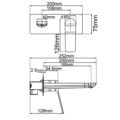 RUSHY Square Wall Mixer With Spout - Brushed Gun Metal Technical Drawing