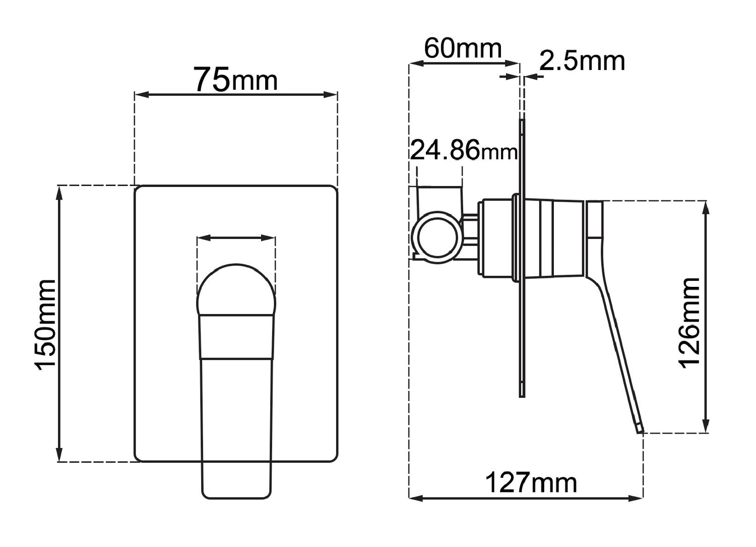 RUSHY Square Shower Mixer - Chrome Technical Drawing