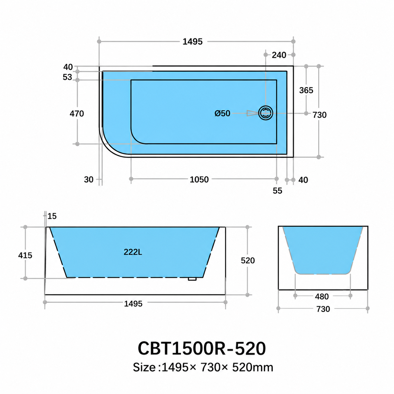 Casey Bathtub-Right Corner-Gloss White-Without Overflow-1400-1500-1700mm
