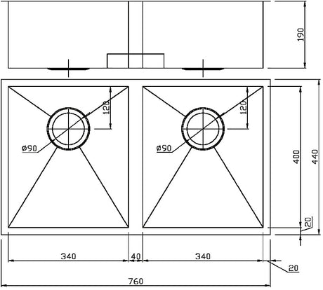 Rosa Single Bowl Above / Undermount Sink 340mm Drawing