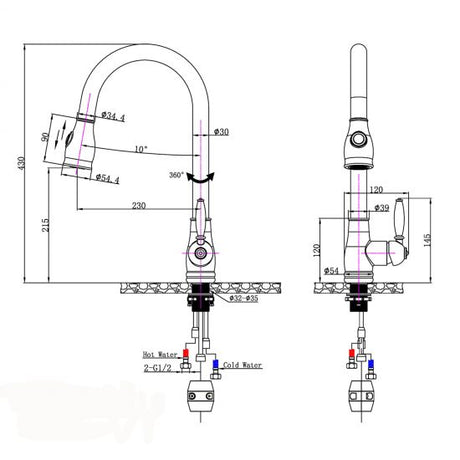 Round Vintage Pull Out Kitchen Sink Mixer Tap - Black Technical Drawing