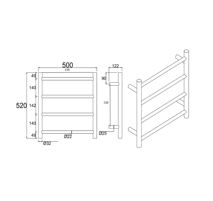 Round Electric Heated Towel Rack 4 Bars - Chrome Technical Drawing
