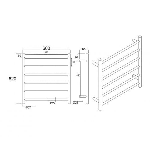 Round Electric Heated Towel Rack 6 Bars - Chrome Technical Drawing
