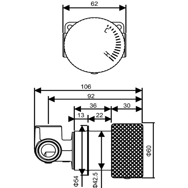 Round Progressive Wall Mixer Handle - Chrome Technical Drawing