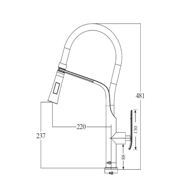 Round Pull Out Kitchen Sink Mixer Tap - Chrome Technical Drawing