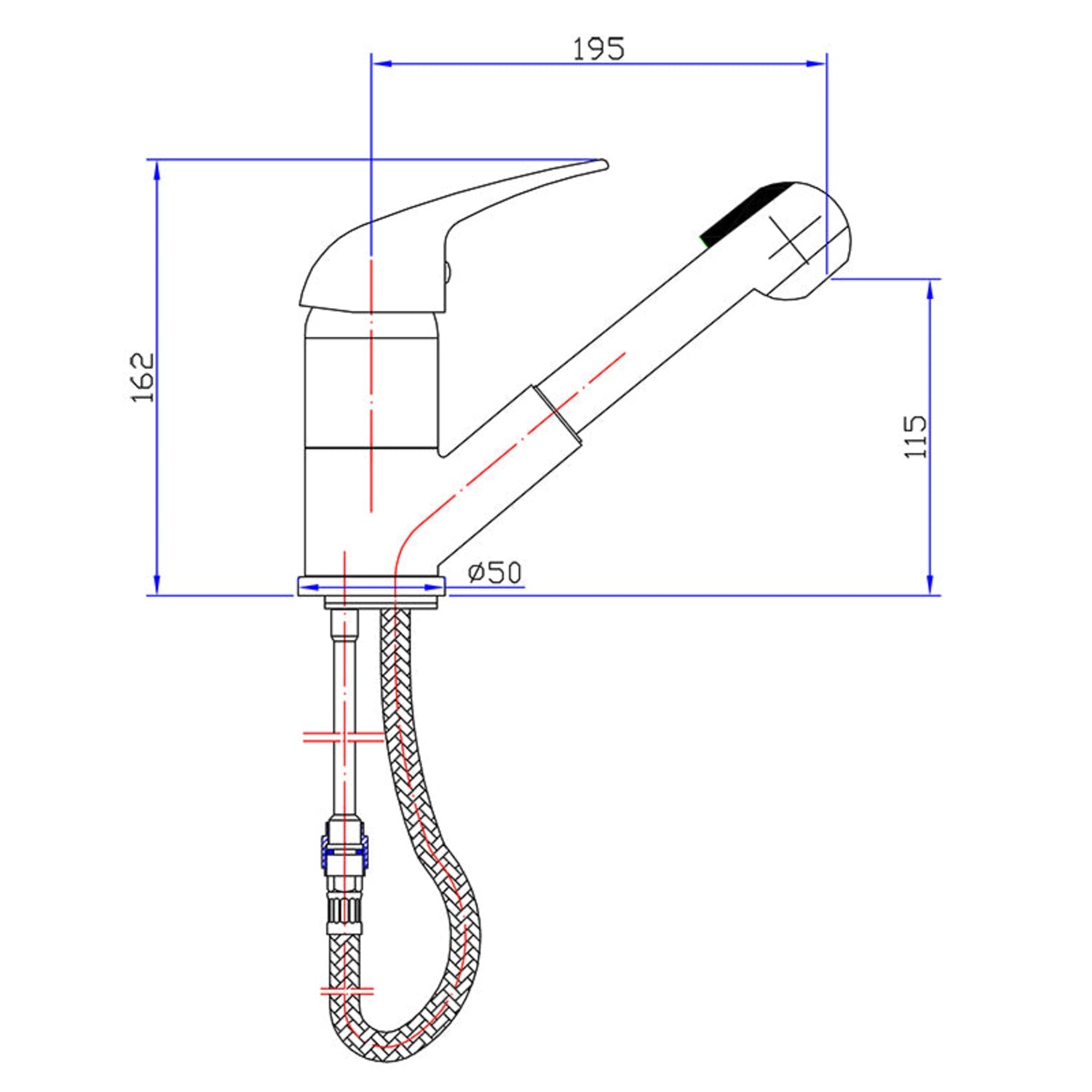 Ruby Slim Rectangle Handle Pull-Out Sink Mixer Lead Free Drawing