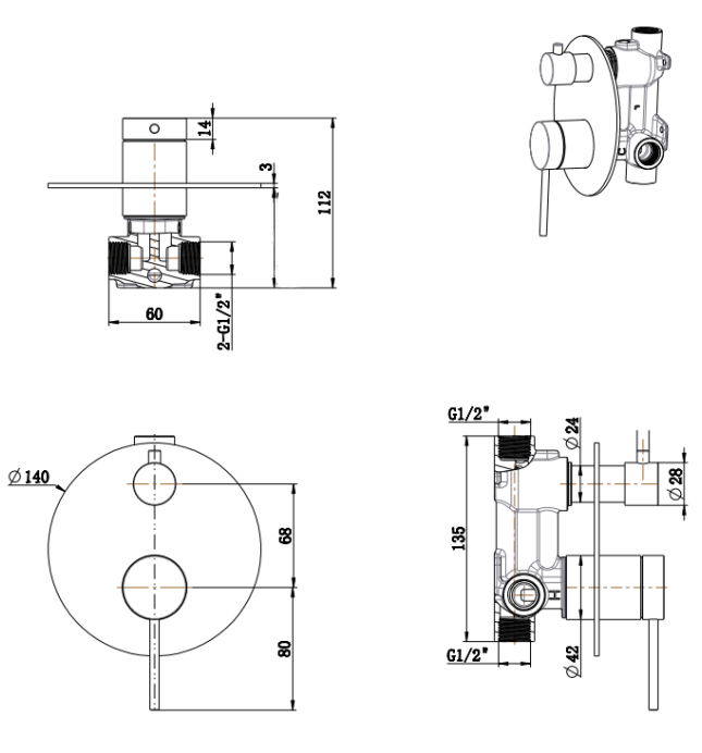 Mica Shower Mixer Diverter - 1P - TRIM KIT