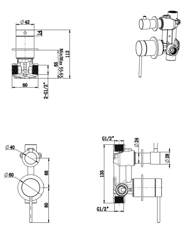 Mica Shower Mixer Diverter - 2P - TRIM KIT