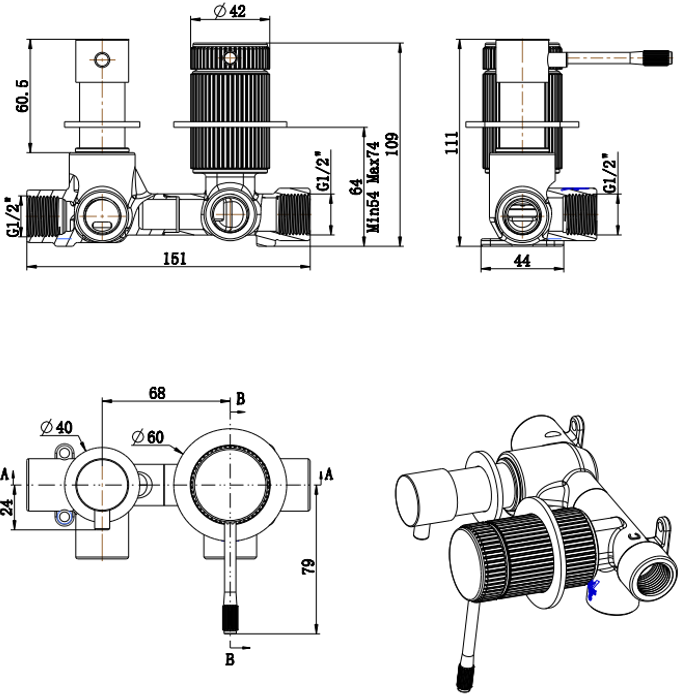 Mica Fluted Sideways Shower Mixer Diverter