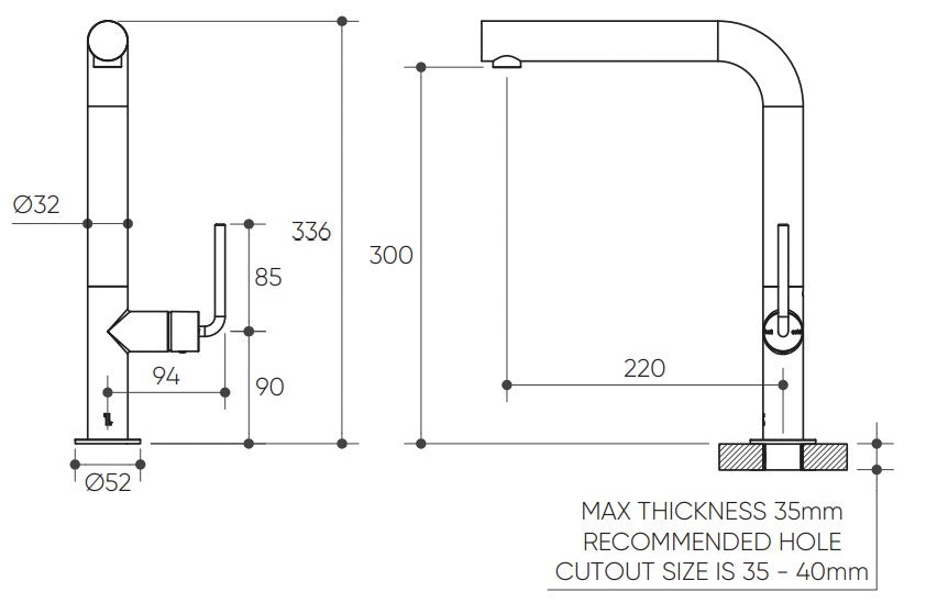 Meira Sink Mixer 220 Right Angle Spout Lead Free drawing