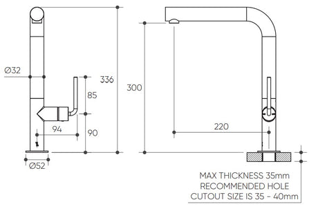 Meira Sink Mixer 220 Right Angle Spout Lead Free drawing