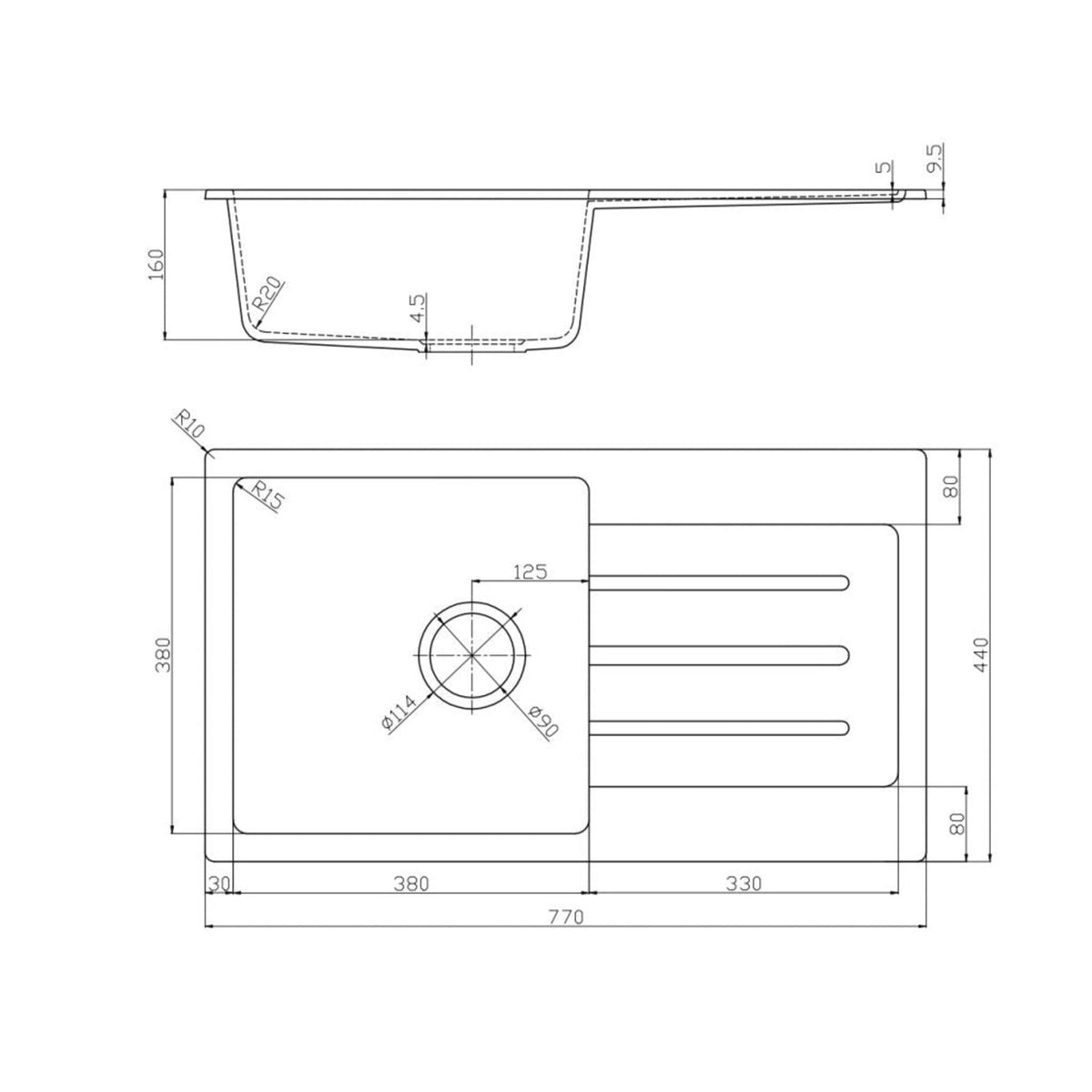 Fomos Sink 770 x 440mm - Single Bowl w/ Drainer