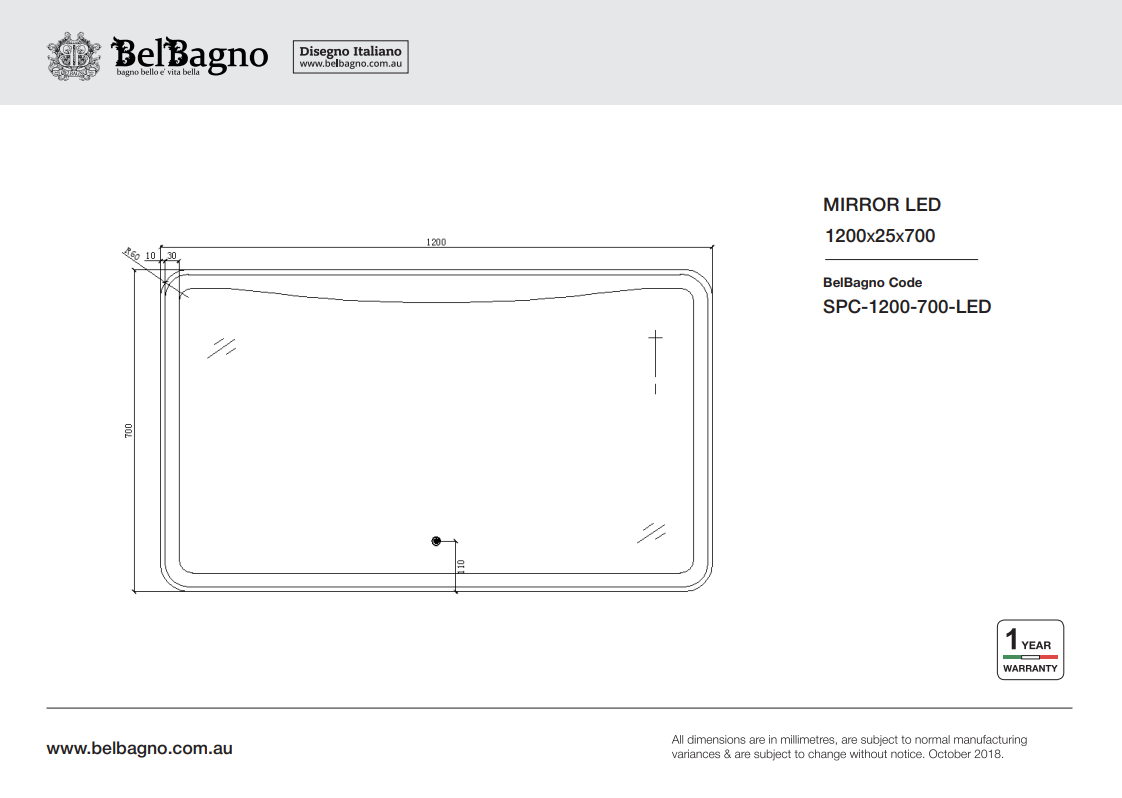 BELBAGNO LED Rectangle Frameless Mirror 1200x700mm - Clearance