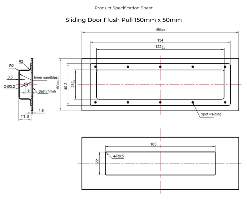 Matt Black Sliding Door Flush Pull 150mm x 50mm