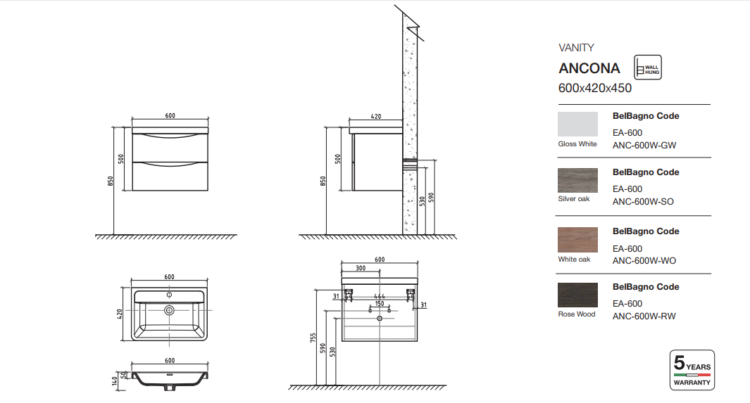 ANCONA Wall Hung Vanity Rose Wood 600mm - Clearance