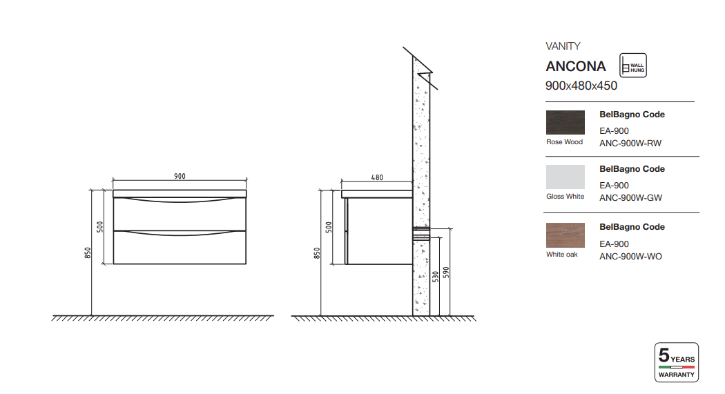 ANCONA Wall Hung Vanity Rose Wood 900mm - Clearance