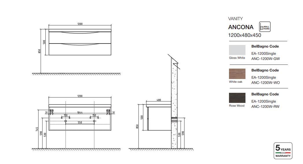 ANCONA Wall Hung Vanity Gloss White 1200mm - Clearance