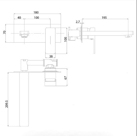 Ceram Wall Basin Mixer - Matte Black Technical Drawing
