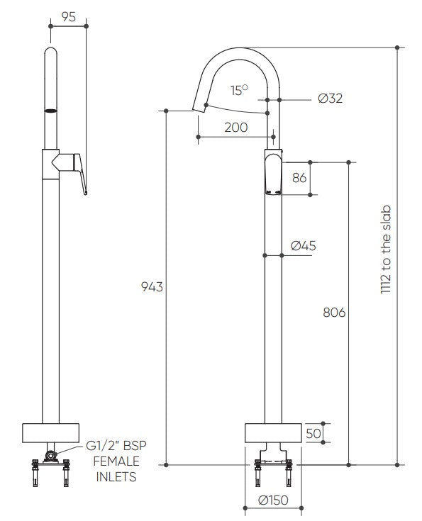 Sereia Floor Mounted Bath Mixer Lead Free drawing