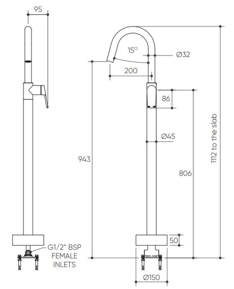 Sereia Floor Mounted Bath Mixer Lead Free drawing
