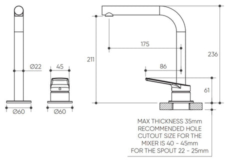 Sereia Hob Basin Mixer Set 175 Right Angle Spout Lead Free drawing
