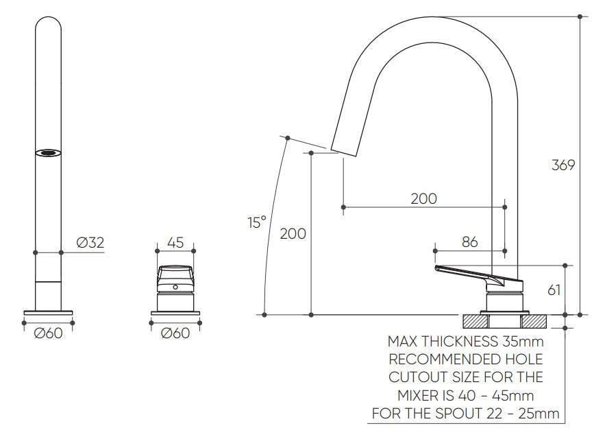Sereia Hob Sink Mixer Set 200 Curved Spout Lead Free drawing