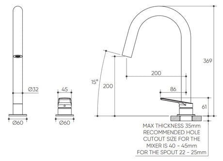 Sereia Hob Sink Mixer Set 200 Curved Spout Lead Free drawing
