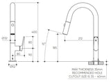 Sereia Pull Out Spray Sink Mixer 200 Curved Spout Lead Free drawing
