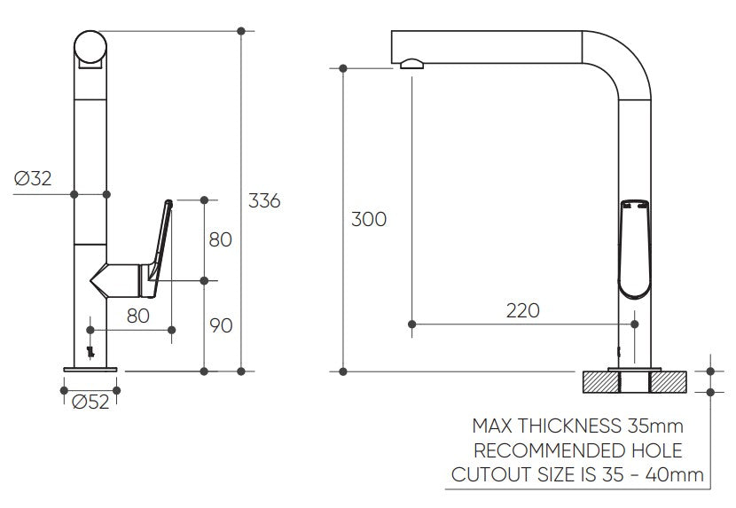 Sereia Sink Mixer 220 Right Angle Spout Lead Free drawing