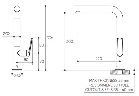 Sereia Sink Mixer 220 Right Angle Spout Lead Free drawing