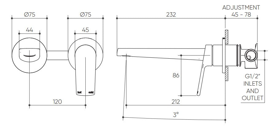 Sereia Wall Basin/Bath Mixer Set 200 Spout Lead Free drawing
