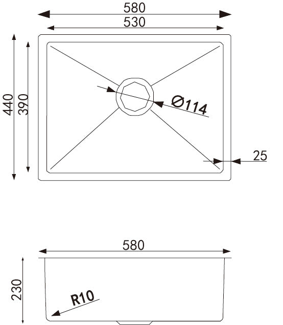 Single Bowl Top/Undermount Kitchen/Laundry Handmade 304 Stainless Steel Sink 580*440*230mm