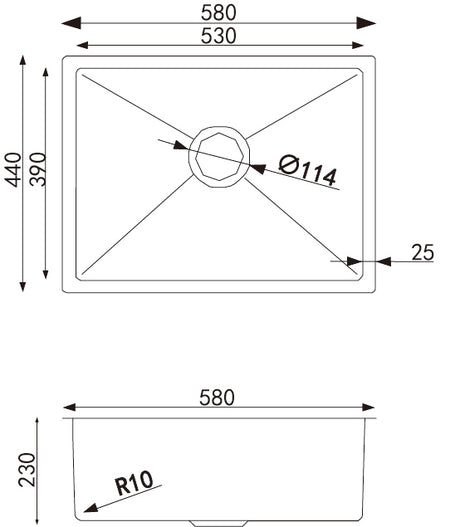 Single Bowl Top/Undermount Kitchen/Laundry Handmade 304 Stainless Steel Sink 580*440*230mm