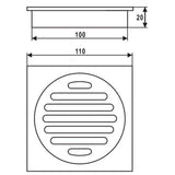 Square Brass Floor Waste Shower Grate Drain Outlet 100mm - Black Technical Drawing