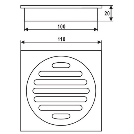 Square Brass Floor Waste Shower Grate Drain Outlet 100mm - Black Technical Drawing
