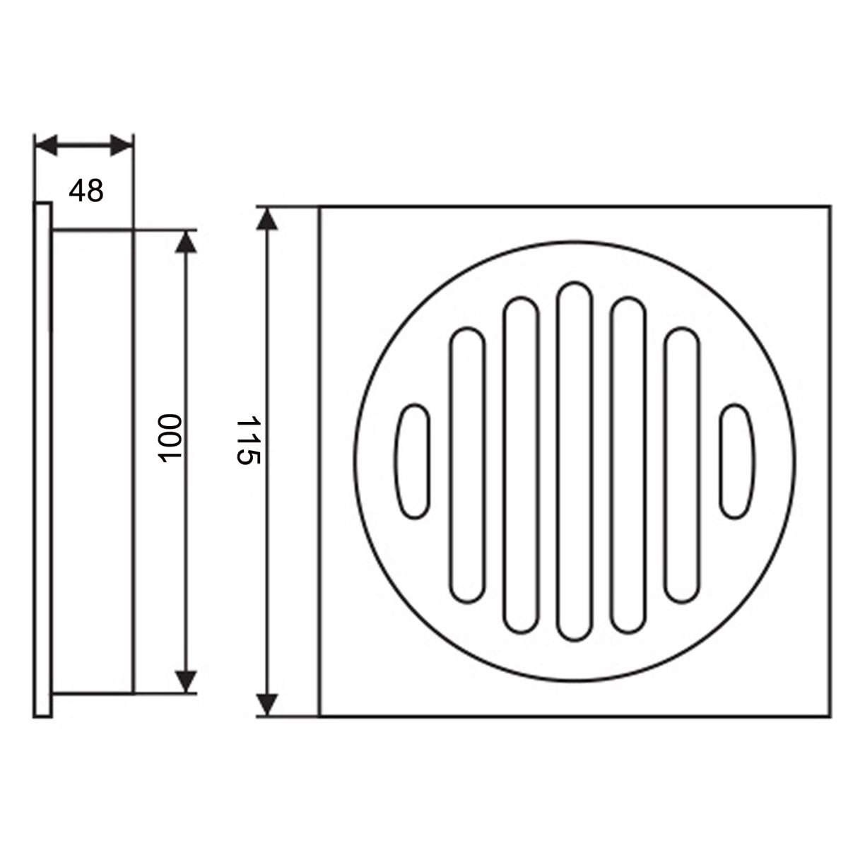 Brass Smart Tile Insert Floor Waste Shower Grate Drain 115x115mm - Black Technical Drawing