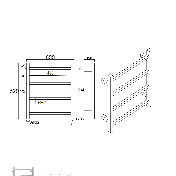 Square Electric Heated Towel Rack 4 Bars - Chrome Technical Drawing