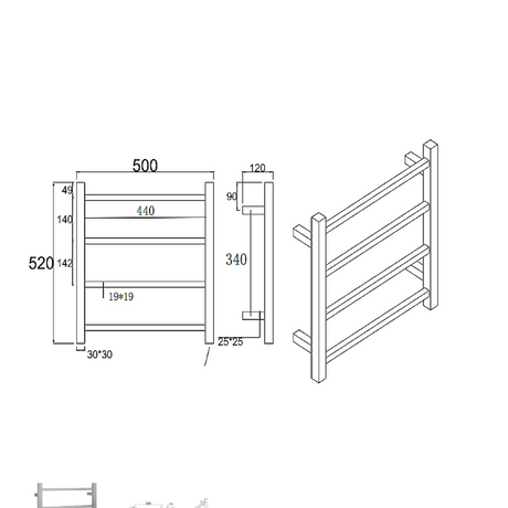 Square Electric Heated Towel Rack 4 Bars - Chrome Technical Drawing