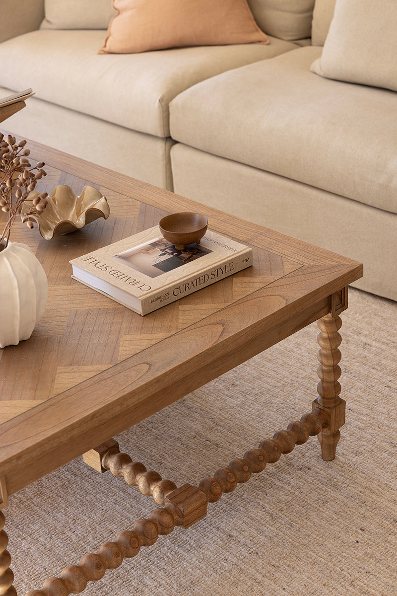 Strathmore Bobbin White Cedar Coffee Table - Herringbone Top - 1.5m