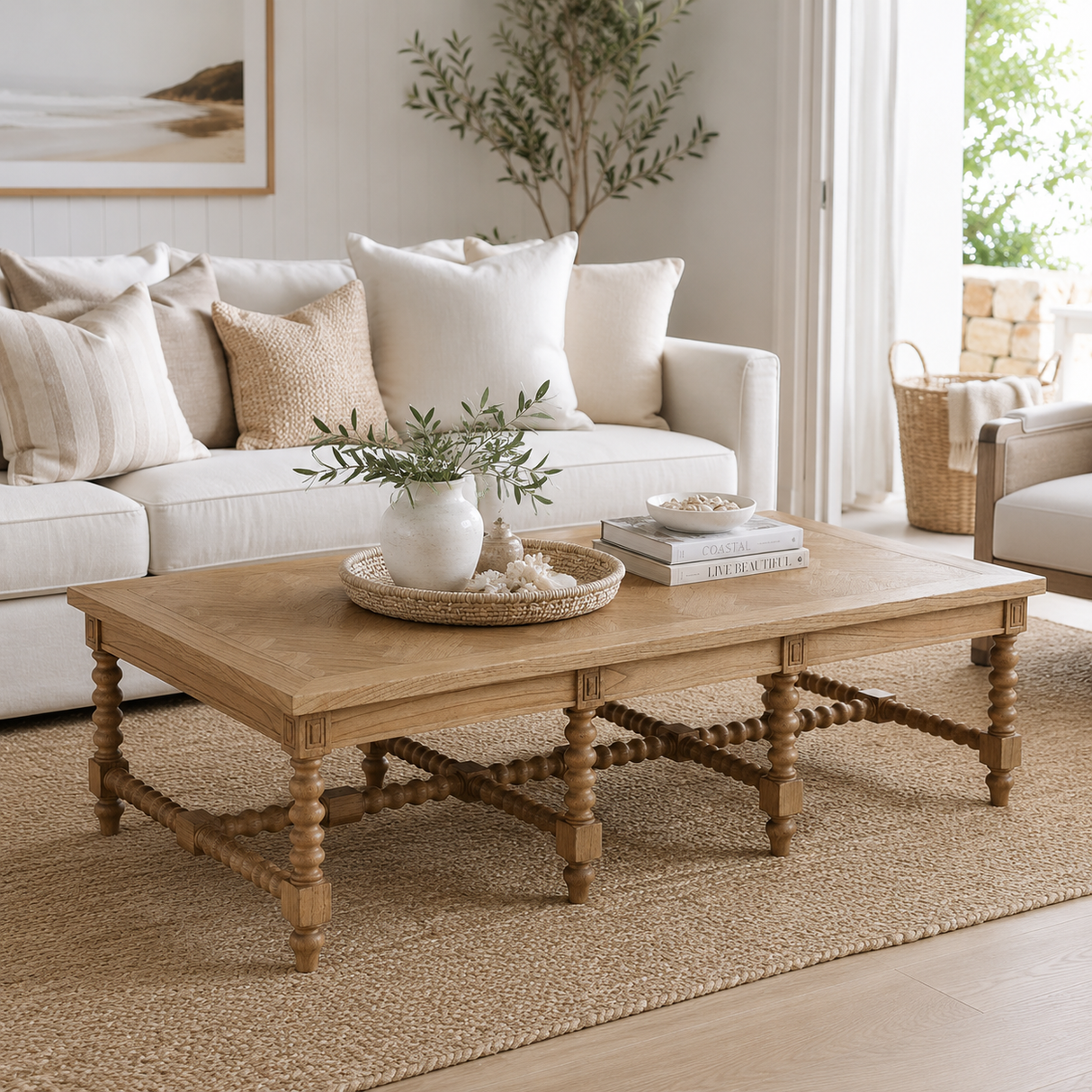 Strathmore Bobbin White Cedar Coffee Table - Herringbone Top - 1.5m