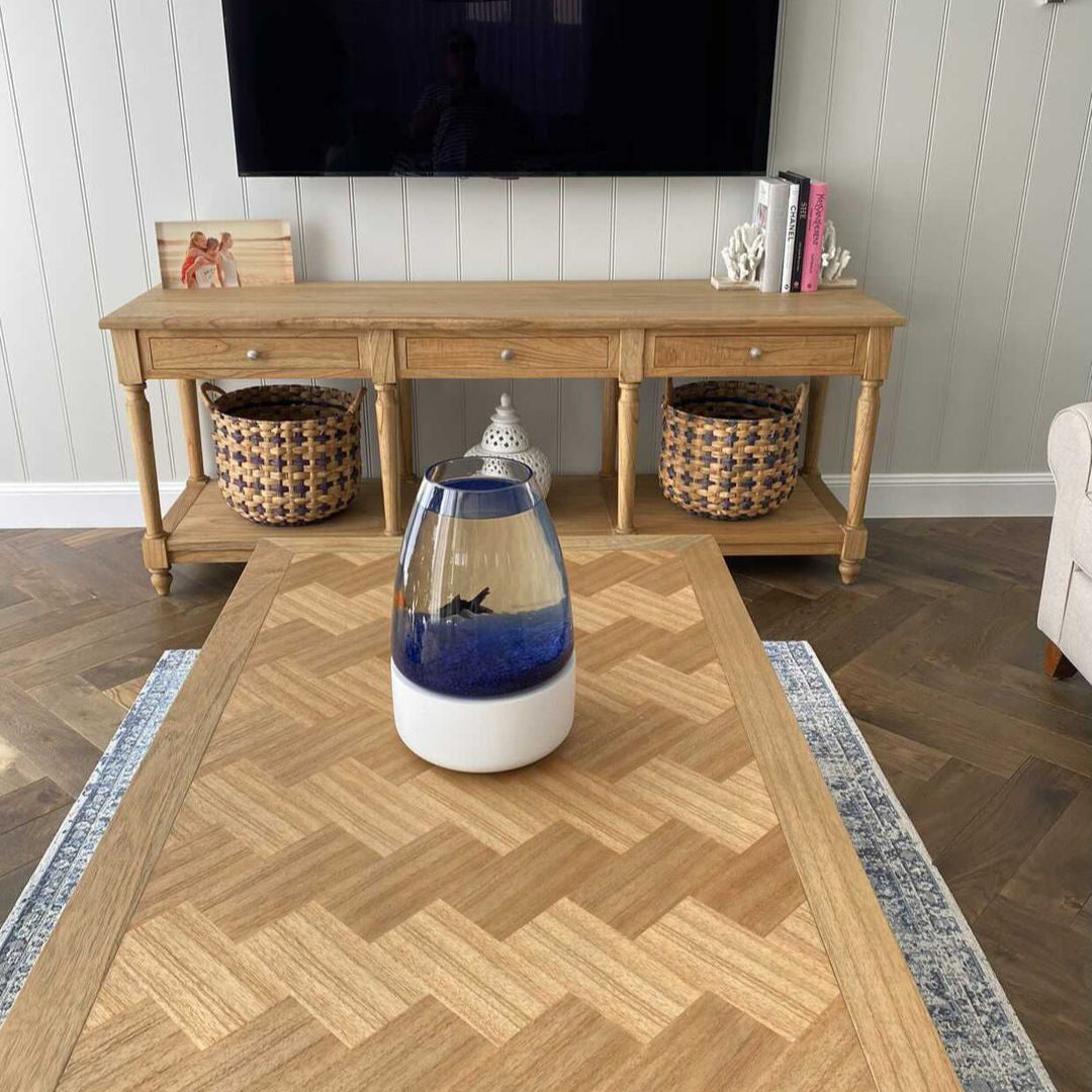 Strathmore Bobbin White Cedar Coffee Table - Herringbone Top - 1.5m