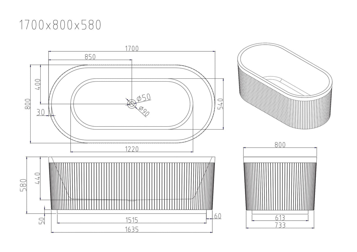 Tyler Freestanding Fluted Bathtub (Gloss White) (1500/1700mm) - Overflow