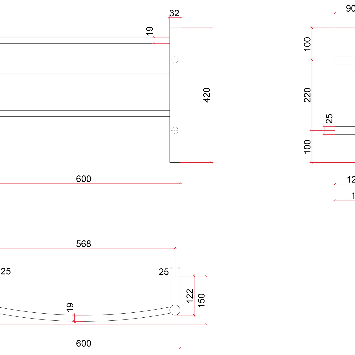 Thermorail Curved/Round 600x420x150mm 45Watts 4 Bars