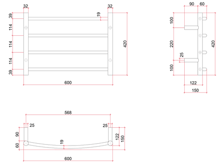Thermorail Curved/Round 600x420x150mm 45Watts 4 Bars