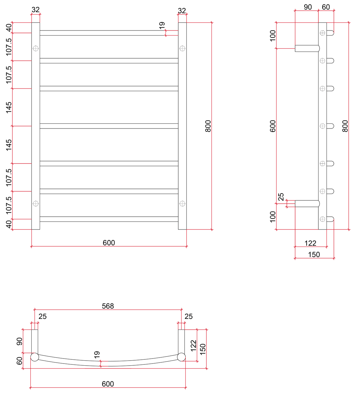 Thermorail Curved/Round 600x800x150mm 80Watts 7 Bars