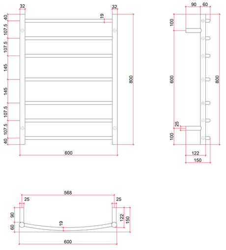 Thermorail Curved/Round 600x800x150mm 80Watts 7 Bars