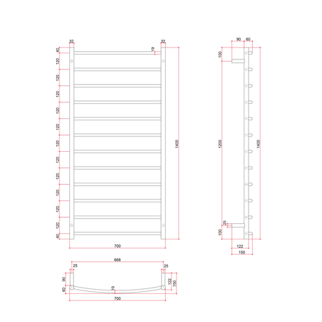 Thermorail Curved/Round 700x1400x150mm 153Watts 12 Bars