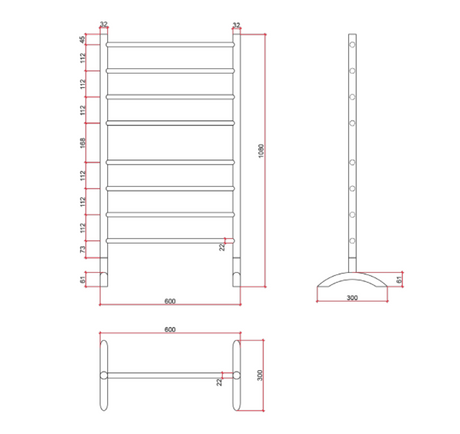 Thermorail Free Standing Straight/Round 600x1080x300mm 100Watts 8 Bars